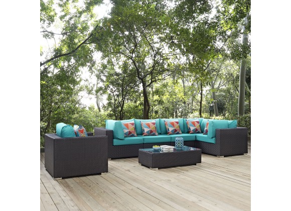 Modway Convene 7 Piece Outdoor Patio Sectional Set - Espresso Turquoise - Lifestyle