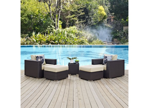 Modway Convene 5 Piece Outdoor Patio Sectional Set - Espresso Beige - Lifestyle
