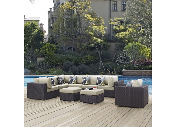 Modway Convene 9 Piece Outdoor Patio Sectional Set - Espresso Beige - Lifestyle