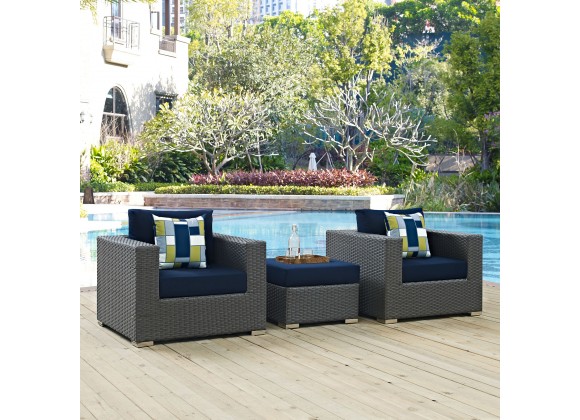 Modway Sojourn 3 Piece Outdoor Patio Sunbrella® Sectional Set in Canvas Navy - Lifestyle