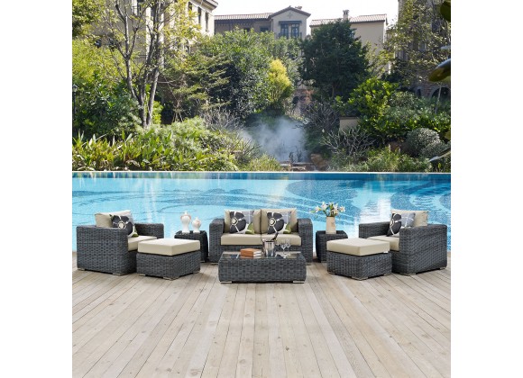 Modway Summon 8 Piece Outdoor Patio Sunbrella® Sectional Set - Canvas Antique Beige - Lifestyle