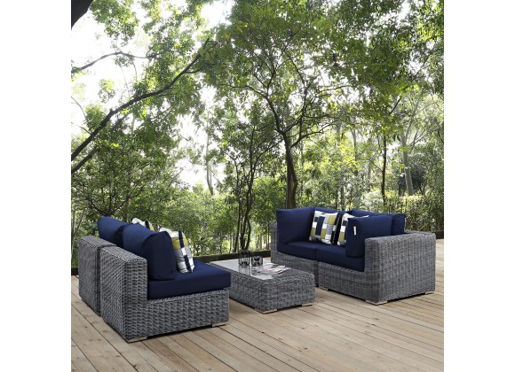 Modway Summon 5 Piece Outdoor Patio Sunbrella® Sectional Set - Canvas Navy - Lifestyle