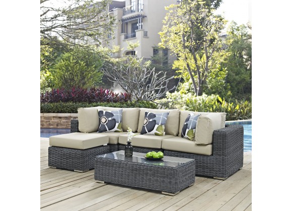 Modway Summon 5 Piece Outdoor Patio Sunbrella® Sectional Set - Gray Beige - Lifestyle