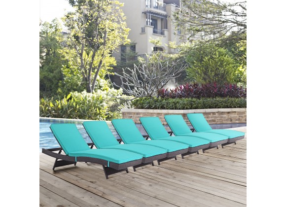 Modway Convene Chaise Outdoor Patio in Espresso Turquoise - Set of Six - Lifestyle