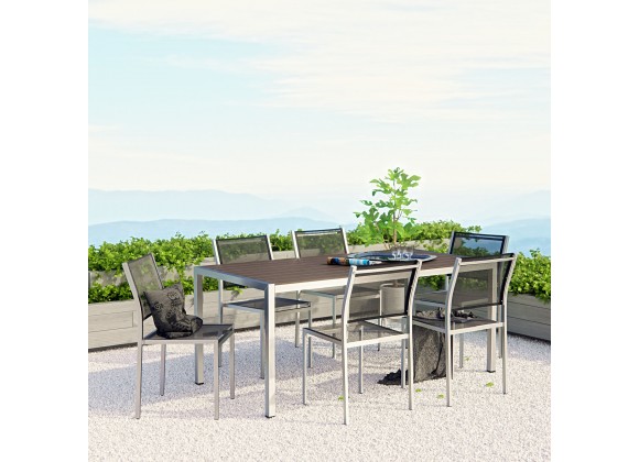 Modway Shore 7 Piece Outdoor Patio Aluminum Dining Set - Silver Black - Lifestyle