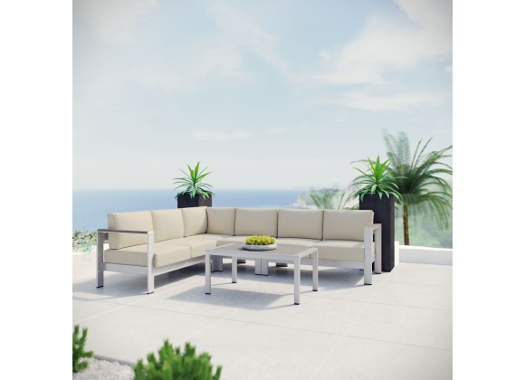 Modway Shore 5 Piece Outdoor Patio Aluminum Sectional Sofa Set in Silver Beige - Lifestyle