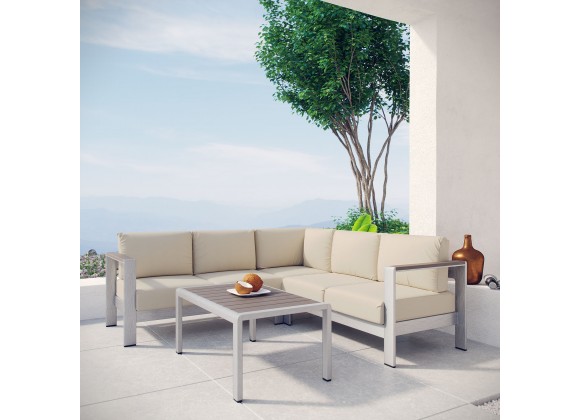 Modway Shore 4 Piece Outdoor Patio Aluminum Sectional Sofa Set - Silver Beige - Lifestyle