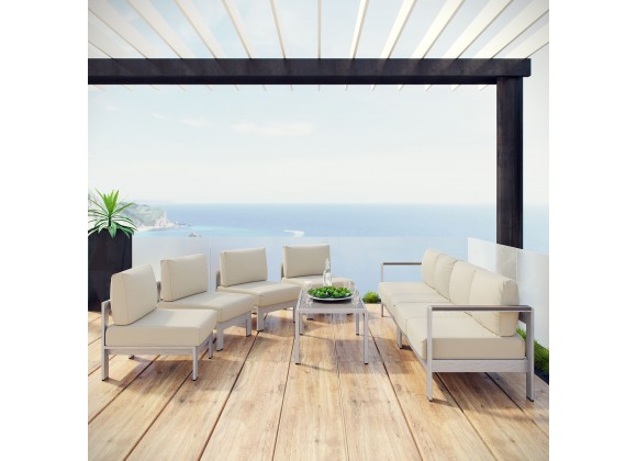 Modway Shore 7 Piece Outdoor Patio Sectional Sofa Set - Silver Beige - Lifestyle