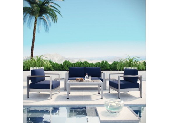 Modway Shore 6 Piece Outdoor Patio Aluminum Sectional Sofa Set in Silver Navy - Lifestyle