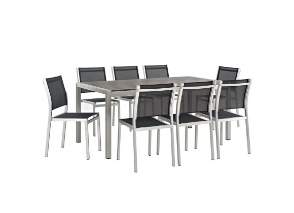 Modway Shore 9 Piece Outdoor Patio Aluminum Dining Set - Silver Black - Set in Front Side Angle