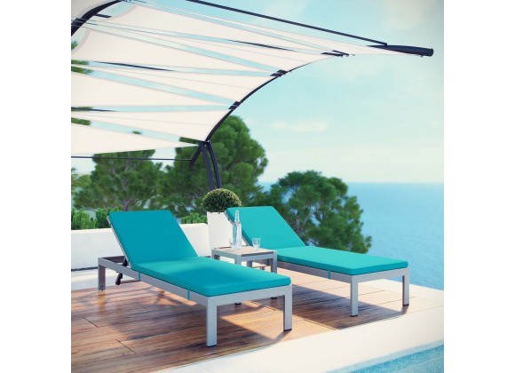 Modway Shore 3 Piece Outdoor Patio Aluminum Chaise with Cushions - Silver Turquoise - Lifestyle