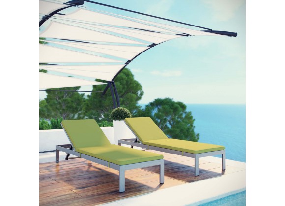 Modway Shore Chaise with Cushions Outdoor Patio Aluminum in Silver Peridot - Set of Two - Lifestyle