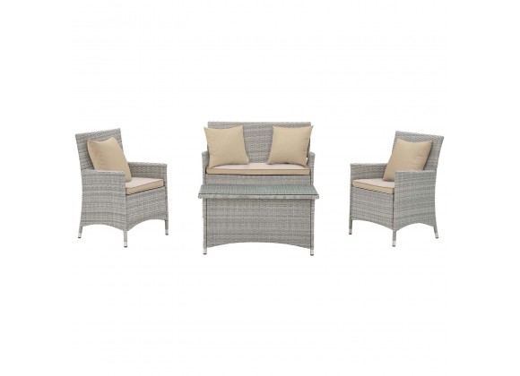 Modway Bridge 4 Piece Outdoor Patio Patio Conversation Set with Pillow Set - Light Gray Beige - Set in Front Angle
