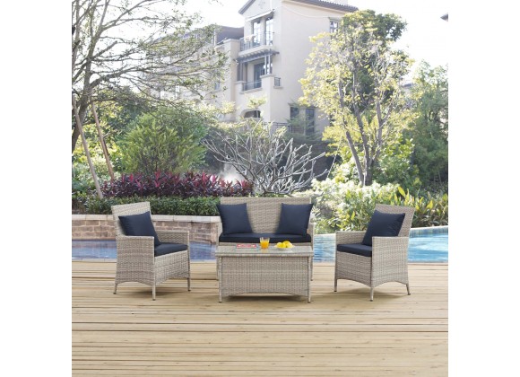 Modway Bridge 4 Piece Outdoor Patio Patio Conversation Set with Pillow Set - Light Gray Navy - Lifestyle