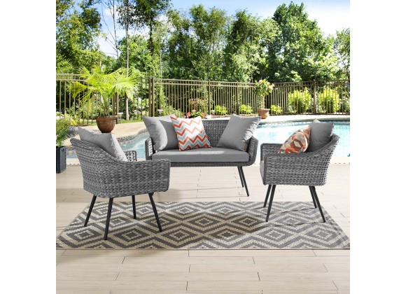 Modway Endeavor 3 Piece Outdoor Patio Wicker Rattan Loveseat and Armchair Set - Gray Gray - Lifestyle