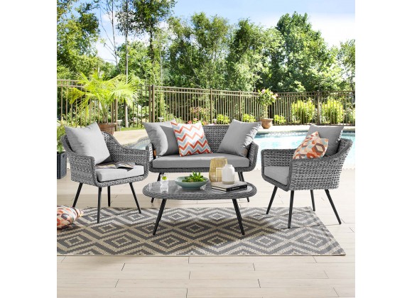 Modway Endeavor 4 Piece Outdoor Patio Wicker Rattan Loveseat Armchair and Coffee Table Set - Gray Gray - Lifestyle