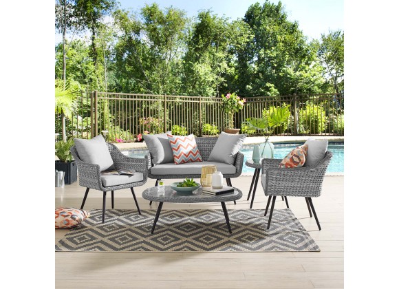 Modway Endeavor 5 Piece Outdoor Patio Wicker Rattan Loveseat Armchair Coffee + Side Table Set - Gray Gray - Lifestyle
