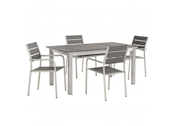 Modway Shore 5 Piece Outdoor Patio Aluminum Dining Set - Silver Gray - Set in Front Side Angle