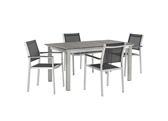 Modway Shore 5 Piece Outdoor Patio Aluminum Dining Set - Silver Black - Set in Front Side Angle