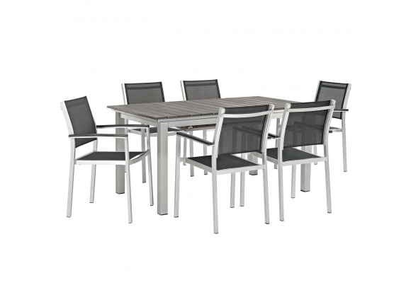 Modway Shore 7 Piece Outdoor Patio Aluminum Dining Set - Silver Black - Set in Front Side Angle