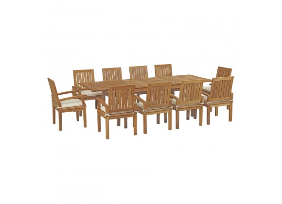 Modway Marina 11 Piece Outdoor Patio Teak Dining Set - Natural White - Set in Front Side Angle