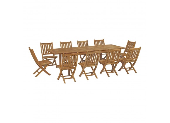 Modway Marina 11 Piece Outdoor Patio Teak Dining Set - Natural - Set in Front Side Angle
