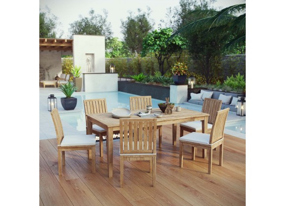 Modway Marina 7 Piece Outdoor Patio Teak Dining Set - Natural White - Lifestyle