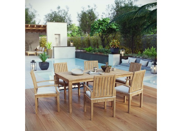 Modway Marina 7 Piece Outdoor Patio Teak Dining Set - Natural White - Lifestyle