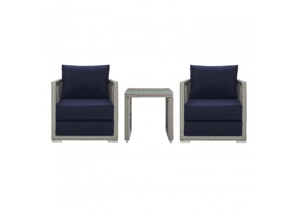 Modway Aura 3 Piece Outdoor Patio Wicker Rattan Set in Gray Navy - Set in Front Angle
