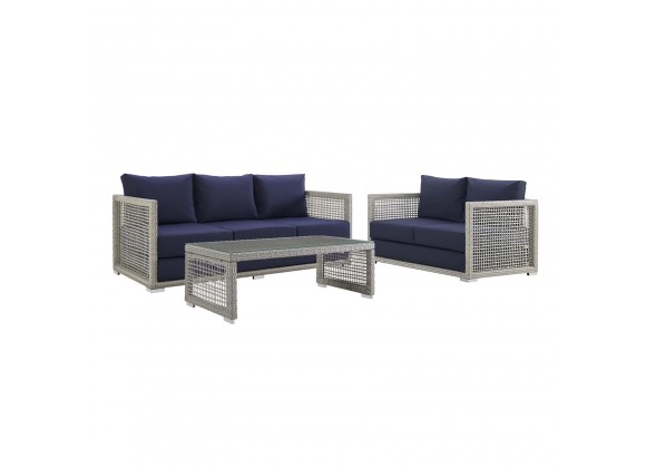 Modway Aura 3 Piece Outdoor Patio Wicker Rattan Set - Gray Navy - Set in Front Angle