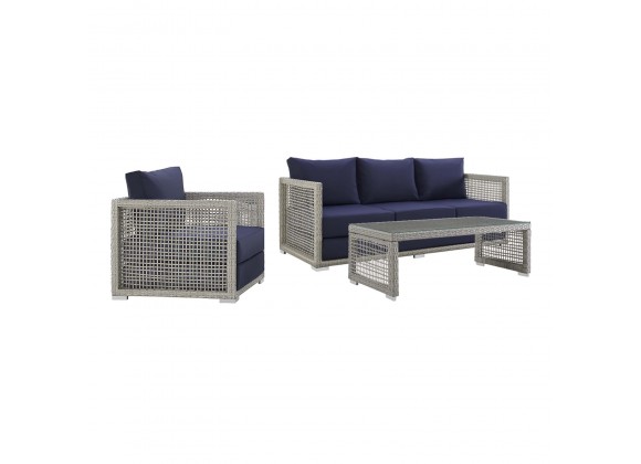 Modway Aura 3 Piece Outdoor Patio Wicker Rattan Set - Gray Navy - Set in Front Side Angle