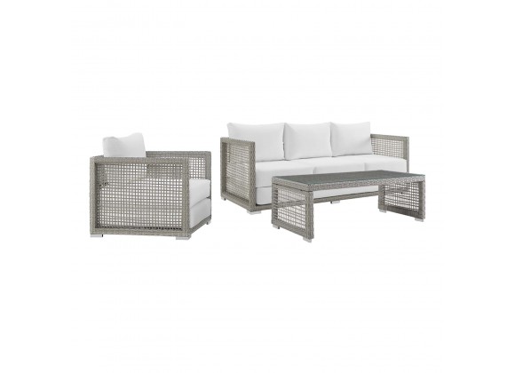 Modway Aura 3 Piece Outdoor Patio Wicker Rattan Set - Gray White - Set in Front Side Angle