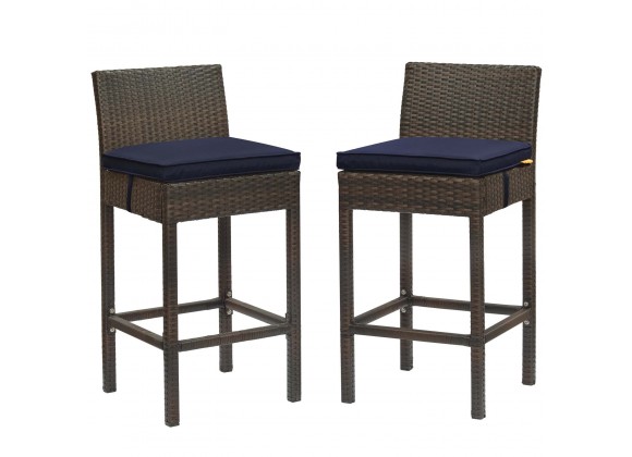 Modway Conduit Bar Stool Outdoor Patio Wicker Rattan in Brown Navy - Set of Two - Set in Front Angle