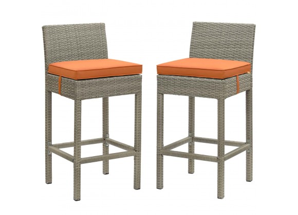 Modway Conduit Bar Stool Outdoor Patio Wicker Rattan in Light Gray Orange - Set of Two - Set in Front Angle