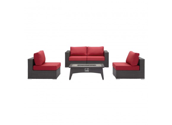 Modway Convene 5 Piece Set Outdoor Patio with Fire Pit - Espresso Red - Set in Front Angle