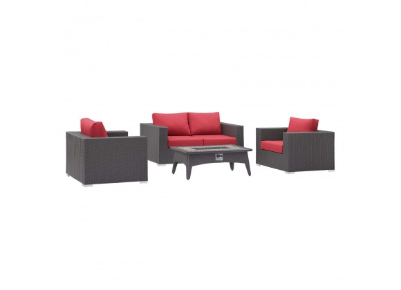 Modway Convene 4 Piece Set Outdoor Patio with Fire Pit - Espresso Red - Set in Front Side Angle