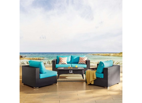 Modway Convene 5 Piece Set Outdoor Patio with Fire Pit - Espresso Turquoise - Lifestyle