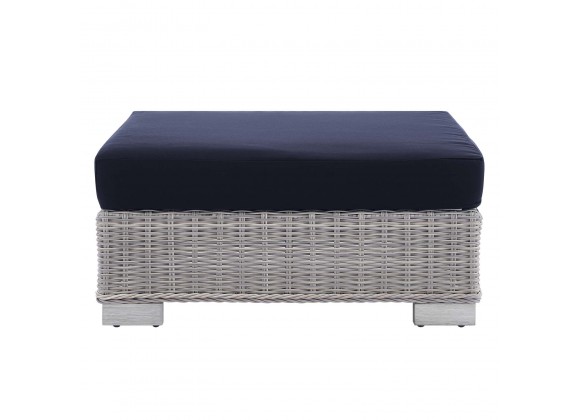 Modway Conway Sunbrella® Outdoor Patio Wicker Rattan Ottoman in Light Gray Navy - Front Angle