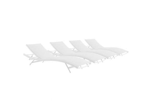 Modway Glimpse Outdoor Patio Mesh Chaise Lounge in White White - Set of Four - Set Reclined in Front Side Angle
