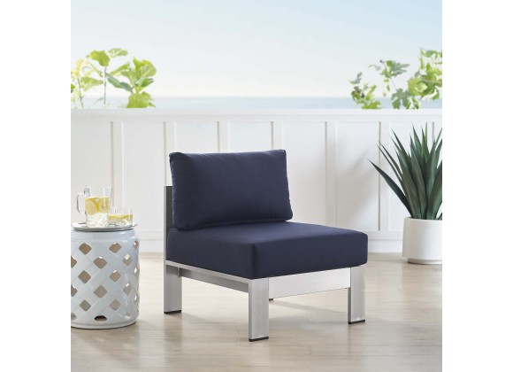 Modway Shore Sunbrella® Fabric Aluminum Outdoor Patio Armless Chair in Silver Navy - Lifestyle