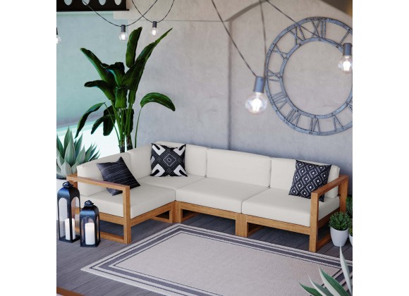 Modway Upland Outdoor Patio Teak Wood 4-Piece Sectional Sofa Set - Natural White - Lifestyle