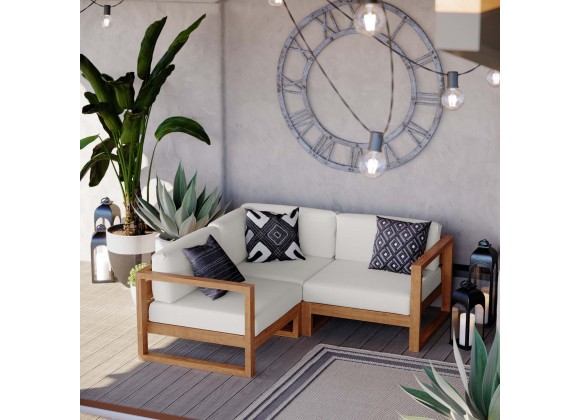 Modway Upland Outdoor Patio Teak Wood 3-Piece Sectional Sofa Set - Natural White - Lifestyle