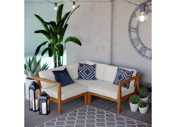 Modway Bayport Outdoor Patio Teak Wood 3-Piece Sectional Sofa Set - Natural White - Lifestyle
