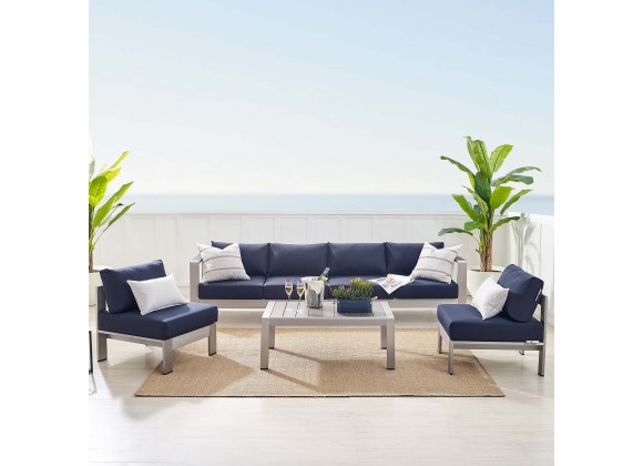 Modway Shore Sunbrella® Fabric Outdoor Patio Aluminum 5 Piece Sectional Sofa Set - Silver Navy -  Lifestyle