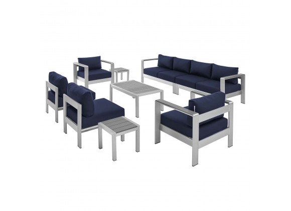 Modway Shore Sunbrella® Fabric Outdoor Patio Aluminum 9 Piece Sectional Sofa Set - Silver Navy - Set in Front Side Angle