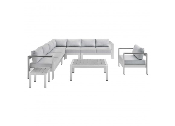 Modway Shore Sunbrella® Fabric Outdoor Patio Aluminum 8 Piece Sectional Sofa Set - Silver Gray - Set in Front Angle
