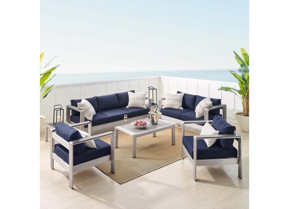 Modway Shore Sunbrella® Fabric Outdoor Patio Aluminum 7 Piece Set - Silver Navy - Lifestyle