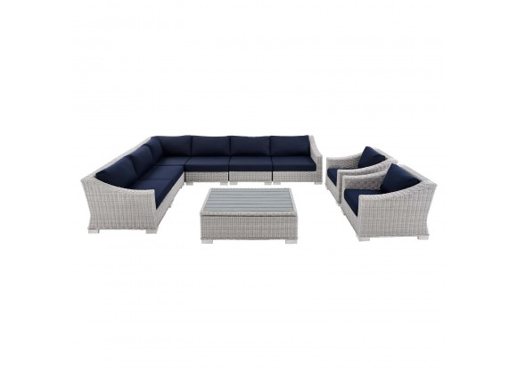 Modway Conway Sunbrella® Outdoor Patio Wicker Rattan 9-Piece Sectional Sofa Set - Light Gray Navy - Set in Front Angle