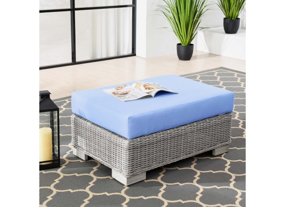 Modway Conway Outdoor Patio Wicker Rattan Ottoman in Light Gray Light Blue - Lifestyle