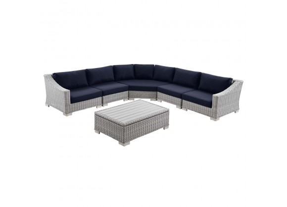 Modway Conway Outdoor Patio Wicker Rattan 6-Piece Sectional Sofa Furniture Set - Navy - Set in Front Side Angle